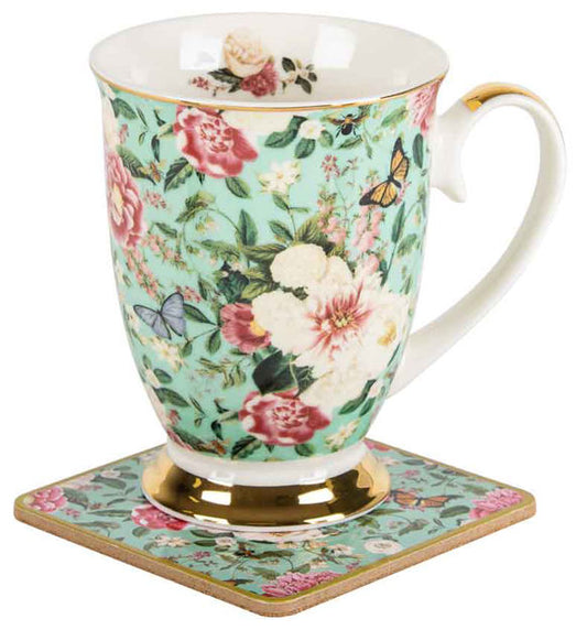 Floral Garden Mug & Coaster Set - Mint