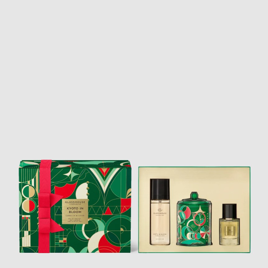 Glasshouse Fragrance Trio Gift Set 200gm Candle, 30ml EDP, 100ml Hair & Body Mist - Kyoto in Bloom