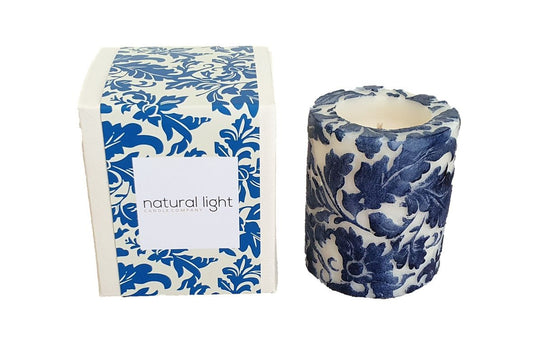 Natural Lights - Damask Leaf 3” Recessed Pillar Candle - White and Tattoo Blue